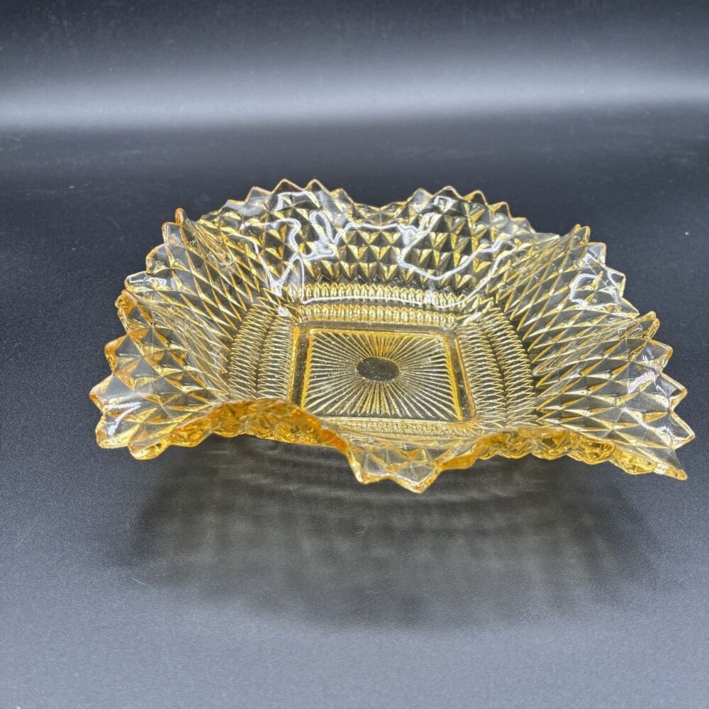Vintage Indiana Glass Diamond Point Ruffled Square Candy Dish Yellow  7 Inch